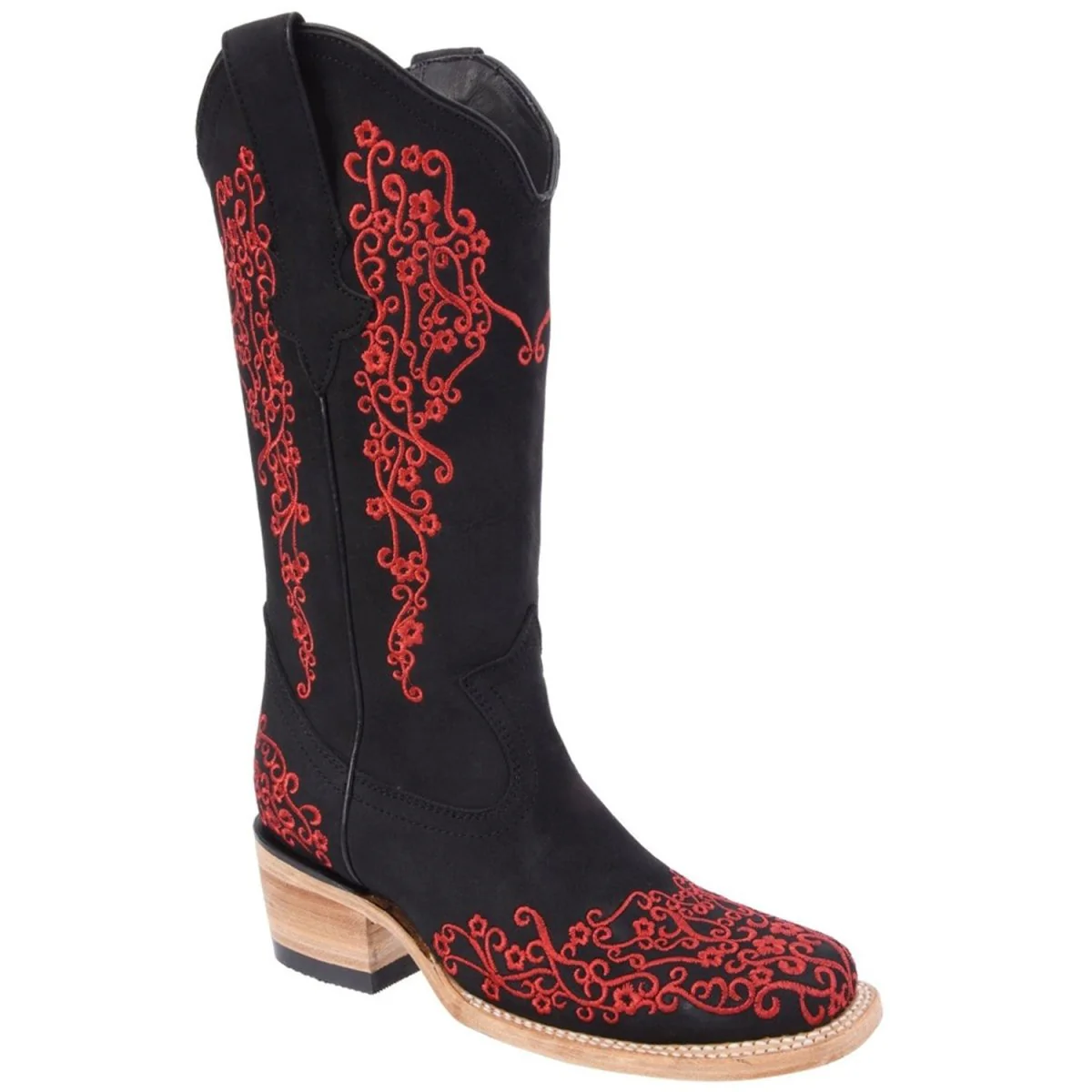 Botas Altas de Cuero Nobuck Horma Rodeo para Mujer Color Negro y Rojo WD-483 - Imagen 2