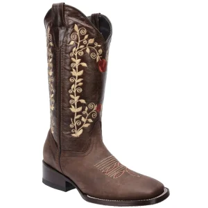 Botas de Cuero para Mujer Horma Rodeo Color Cafe Flores Rojas WD-479
