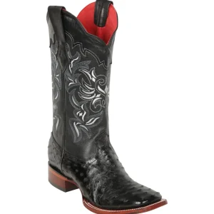 Botas de Avestruz Original en Punta Amplia Cuadrada para Dama Color Negro - Los Altos Boots