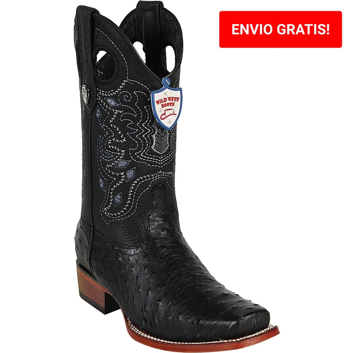 Botas de Avestruz Original Punta Rodeo Cuadrada Color Negro - Wild West Boots