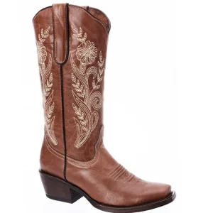 Botas de Cuero Horma Rodeo para Mujer Color Cafe Claro con Flores WD-514