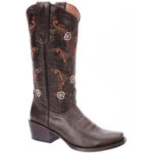Botas de Cuero Horma Rodeo para Mujer Color Cafe con Flores WD-513