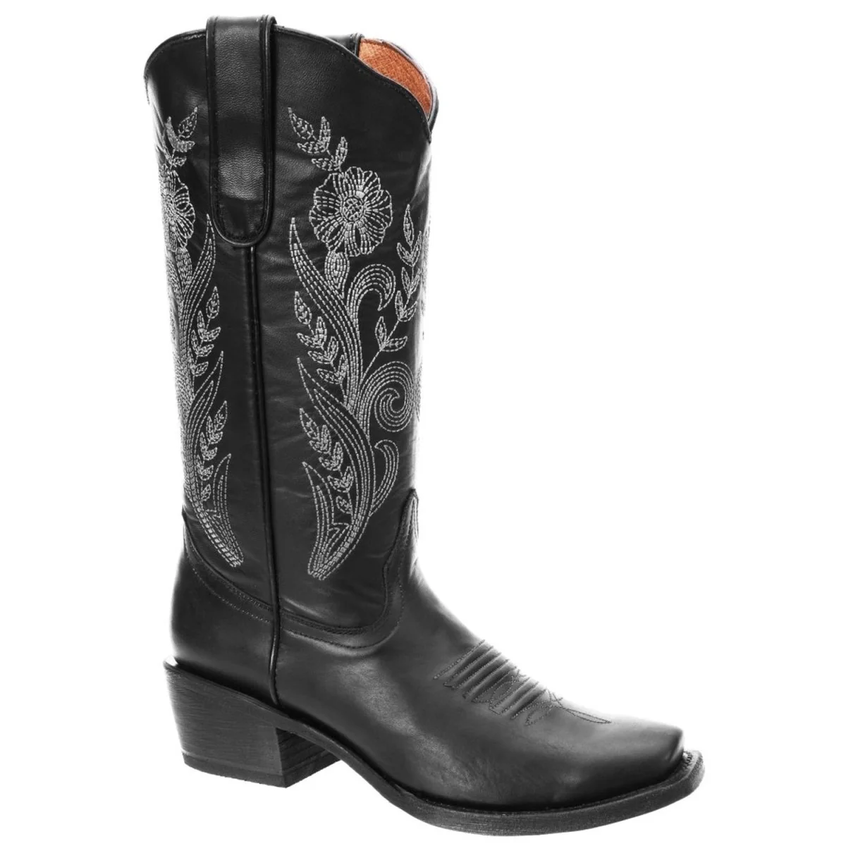 Botas de Cuero Horma Rodeo para Mujer Color Negro con Flores WD-515