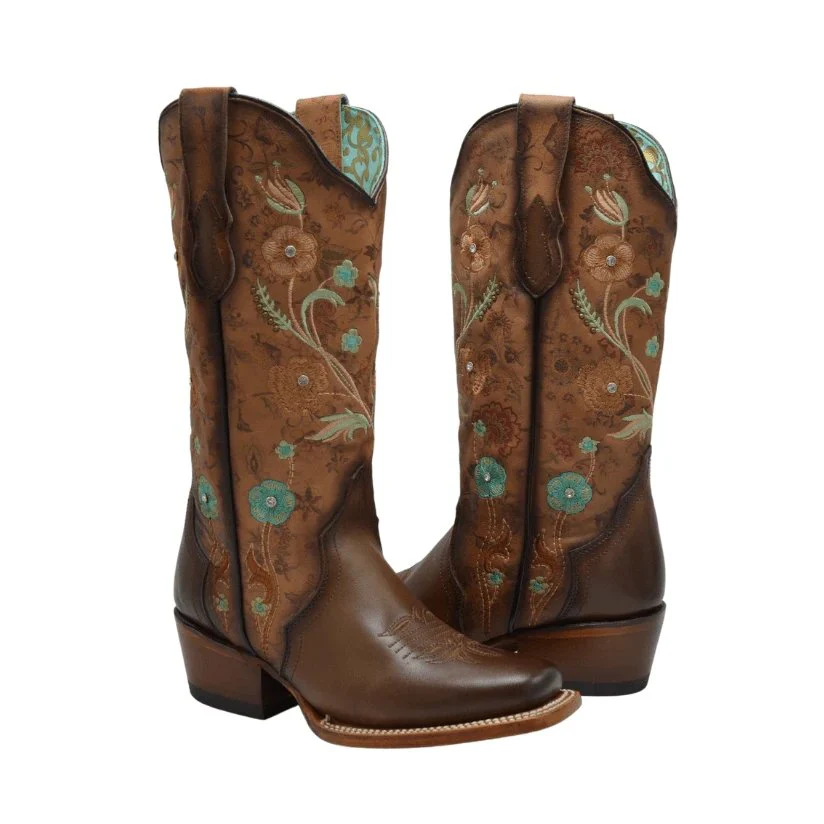 Botas de Cuero Horma Rodeo para Mujer Color Tan con Flores Piedra Swarovski JB-PAC1TAN - Imagen 3