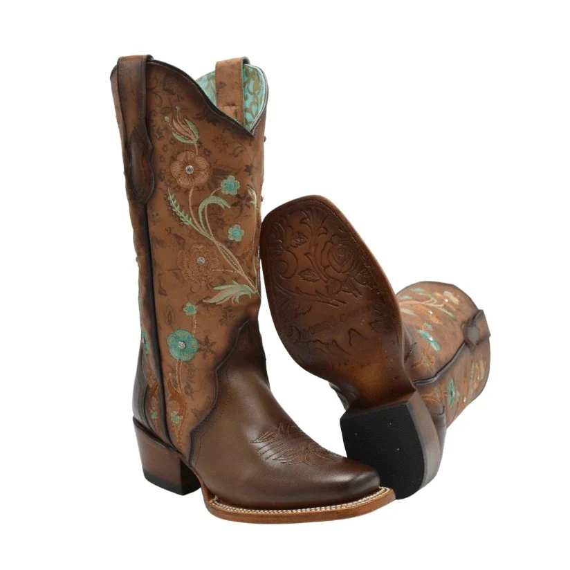 Botas de Cuero Horma Rodeo para Mujer Color Tan con Flores Piedra Swarovski JB-PAC1TAN - Imagen 5