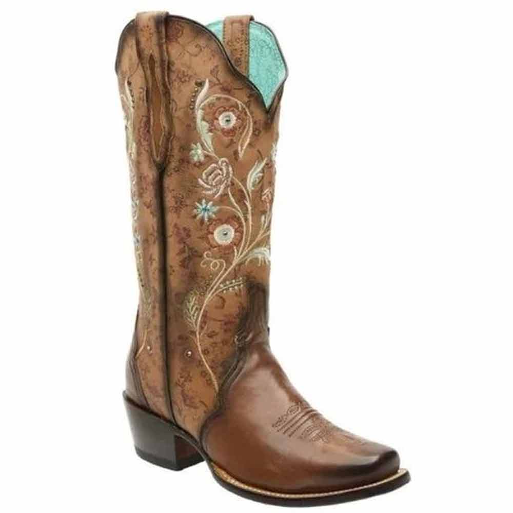 Botas de Cuero Horma Rodeo para Mujer Color Tan con Flores Piedra Swarovski JB-PAC1TAN