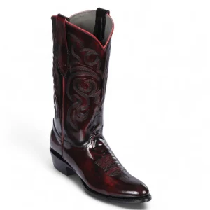 Botas de Piel Original Punta Oval Color Negro Rojizo Acabado Camaleon - Los Altos Boots