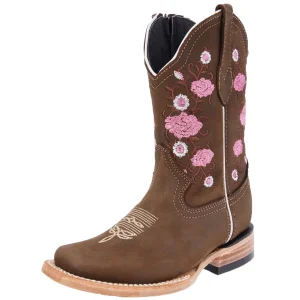 Botas para Niña de Cuero Nobuck Horma Rodeo Color Cafe y Flor Rosa WD-389