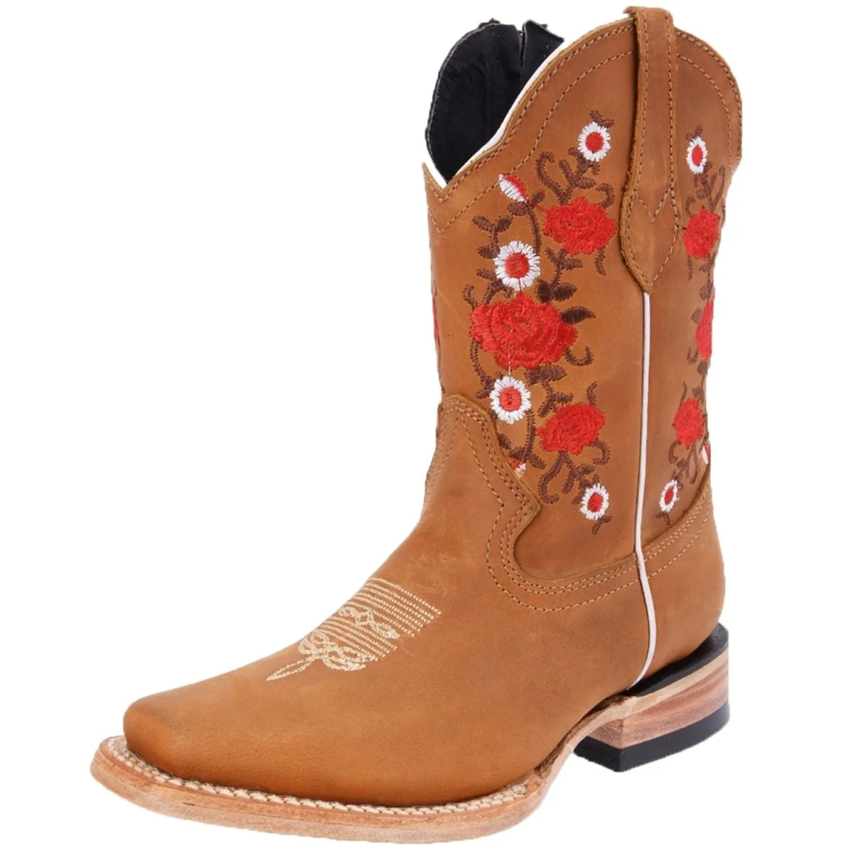 Botas para Niña de Cuero Nobuck Horma Rodeo Color Miel y Flor Roja WD-390