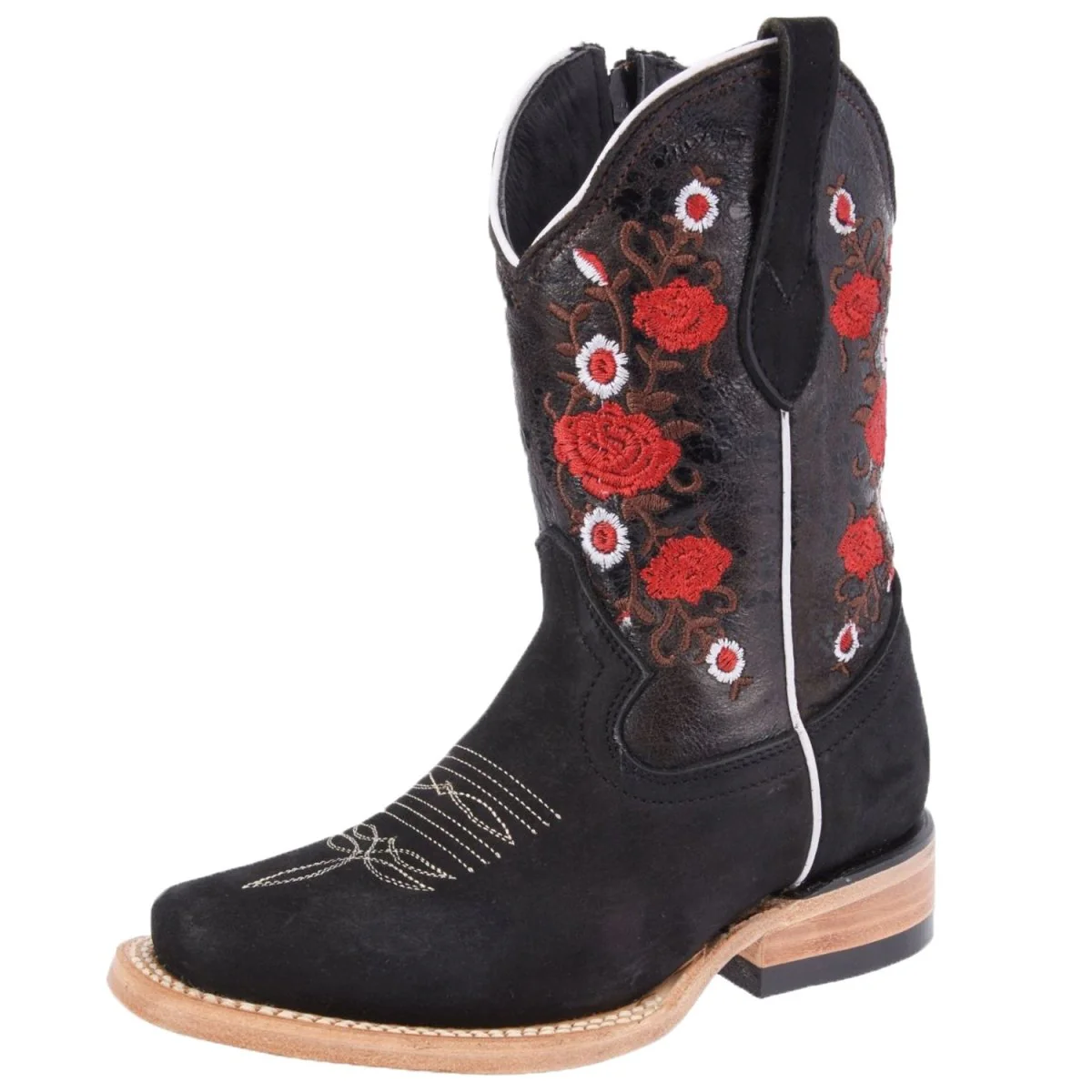 Botas para Niña de Cuero Nobuck Horma Rodeo Color Negro y Flor Roja WD-387 - Imagen 2