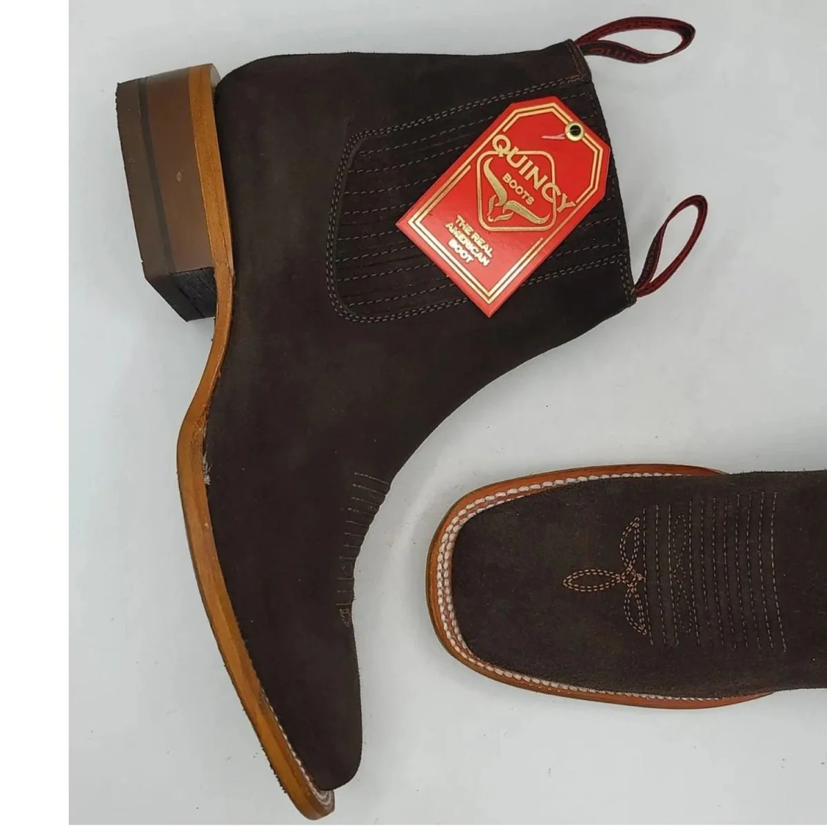 Botines Charros de Gamuza Original Punta Cuadrada Color Chocolate Q82BR6394 - Imagen 6