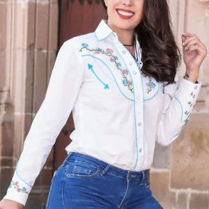 Camisa Vaquera Bordada Color Blanco con Flores WD-536