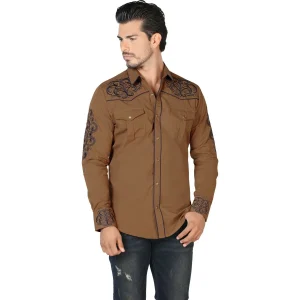 Camisa Vaquera Bordada para Hombre Lamasini Negro y Camel LAM-2200