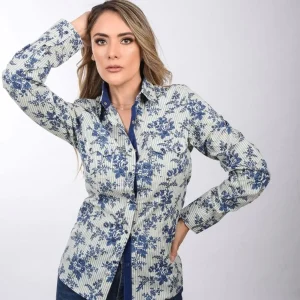 Camisa Vaquera Bordada para Mujer Color Azul con Flores WD-544