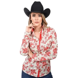 Camisa Vaquera Bordada para Mujer Color Rojo con Flores WD-547