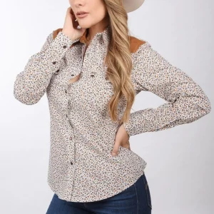 Camisa Vaquera Floreada Cafe para Mujer WD-540