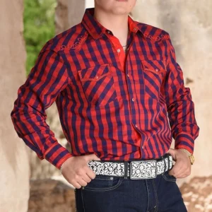 Camisa Vaquera White Diamonds Color Rojo a Cuadros WD-879ROJO