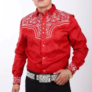 Camisa Vaquera White Diamonds de Gamuzina Color Rojo y Blanco WD-925