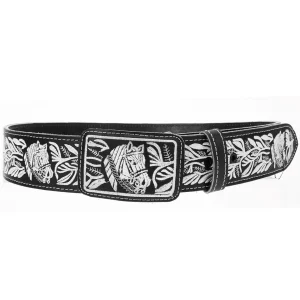 Cinto Vaquero de Cuero Original con Bordado Color Negro con Plata y Caballo WD-1542