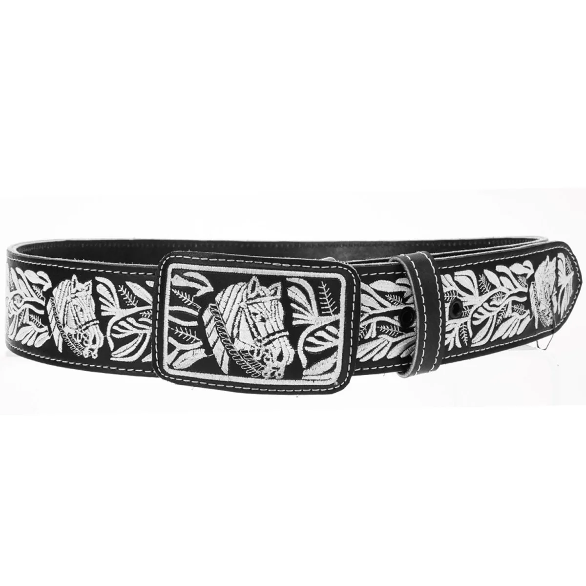 Cinto Vaquero de Cuero Original con Bordado Color Negro con Plata y Caballo WD-1542