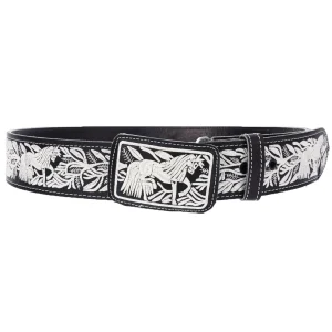 Cinto Vaquero de Cuero Original con Bordado Color Negro con Plata y Caballo WD-1546