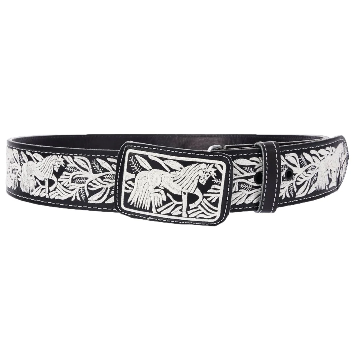 Cinto Vaquero de Cuero Original con Bordado Color Negro con Plata y Caballo WD-1546