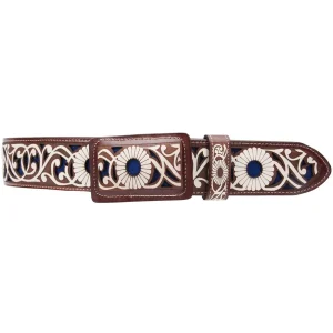 Cinto Vaquero de Cuero Original en Corte Laser Color Cafe con Flor WD-1513