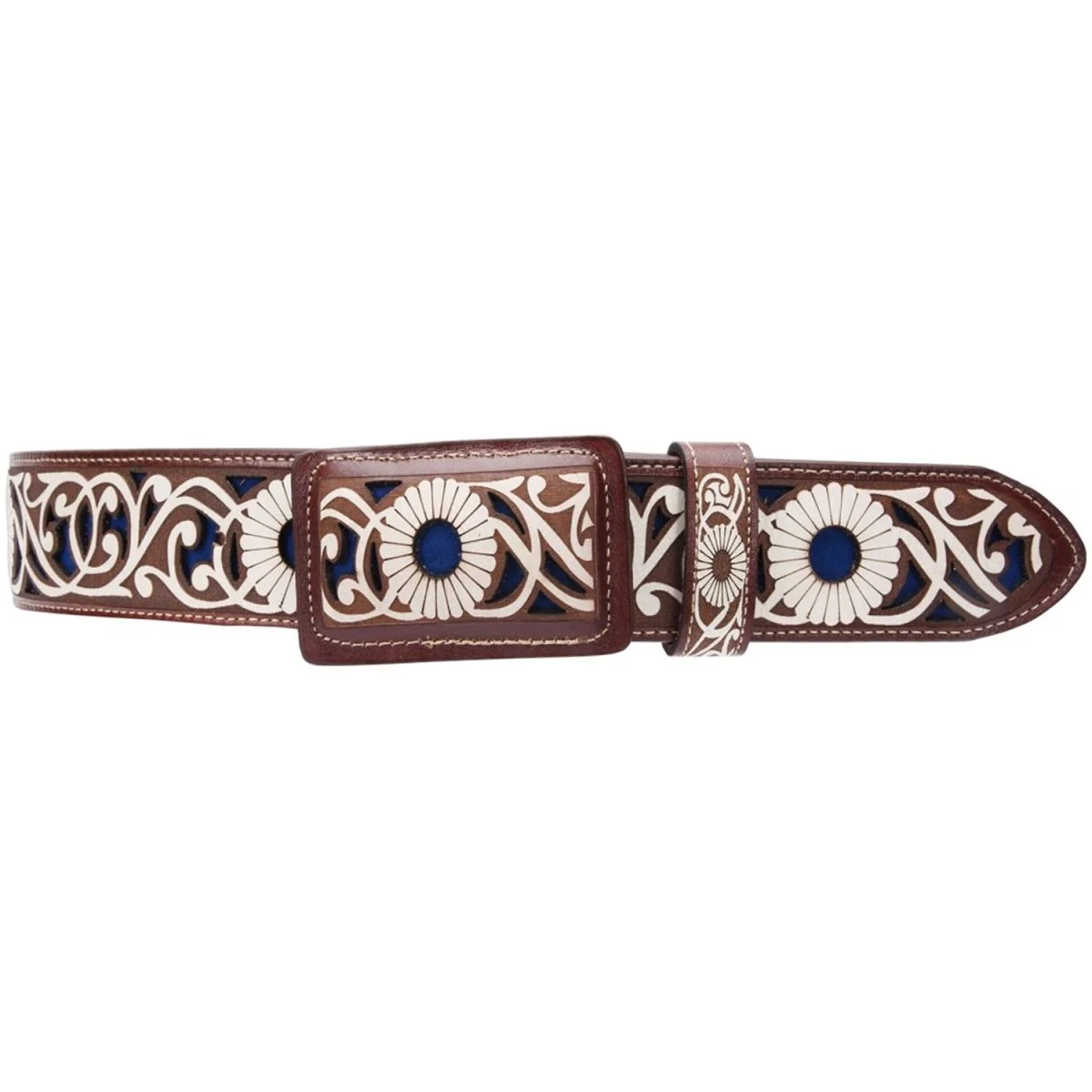 Cinto Vaquero de Cuero Original en Corte Laser Color Cafe con Flor WD-1513
