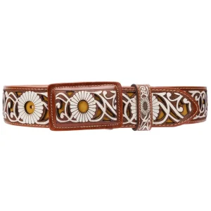 Cinto Vaquero de Cuero Original en Corte Laser Color Cognac con Flor WD-1518