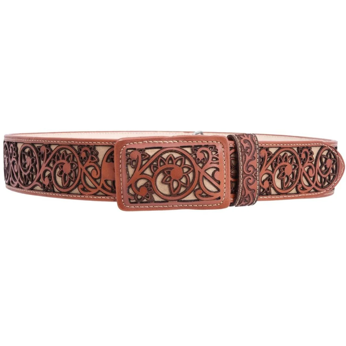 Cinto Vaquero de Cuero Original en Corte Laser Color Cognac con Flor WD-1523 - Imagen 2