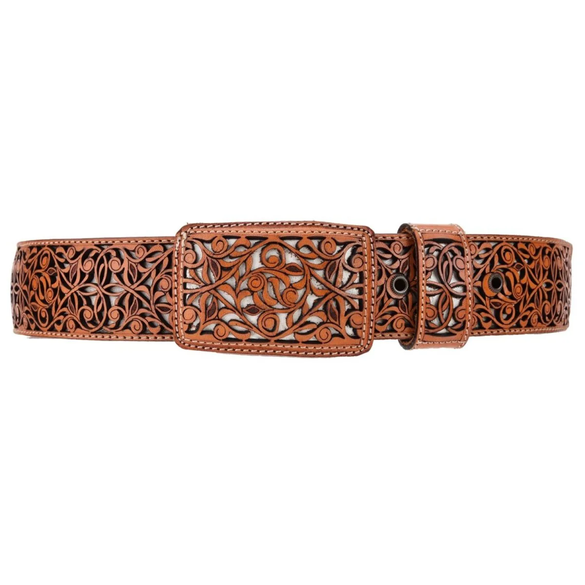 Cinto Vaquero de Cuero Original en Corte Laser Color Miel con Grecas WD-1519