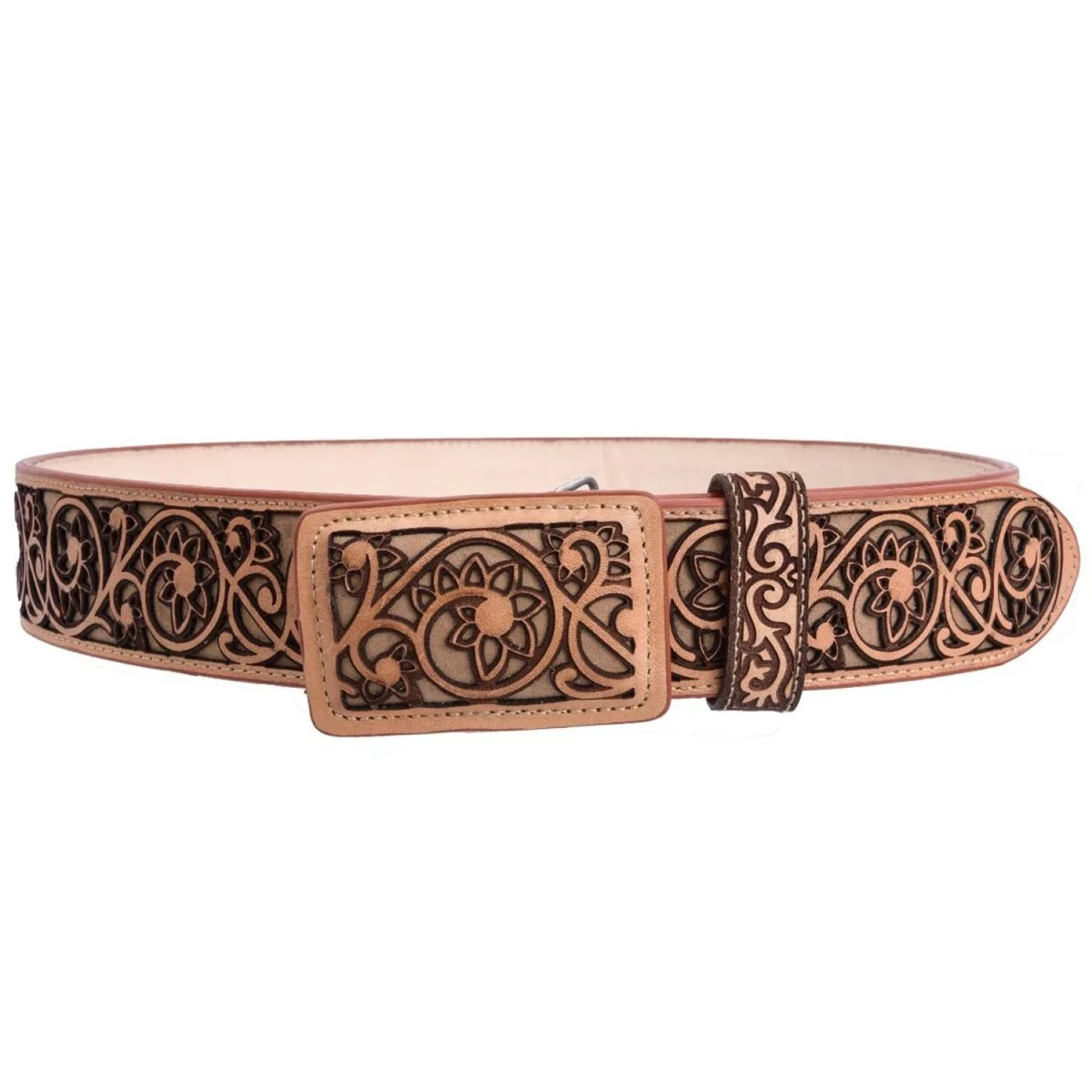 Cinto Vaquero de Cuero Original en Corte Laser Color Natural con Flor WD-1524 - Imagen 2