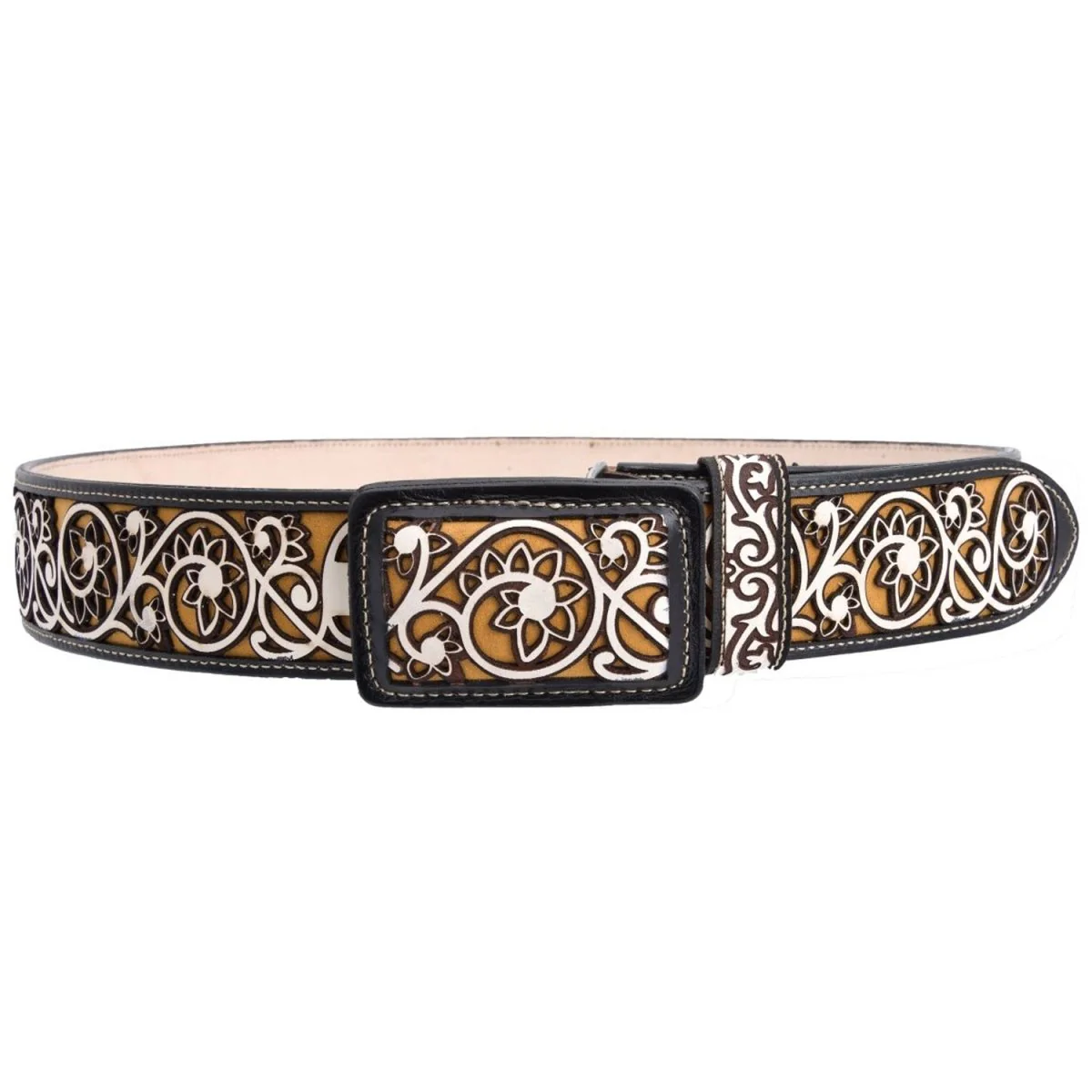 Cinto Vaquero de Cuero Original en Corte Laser Color Negro con Flor WD-1526 - Imagen 2