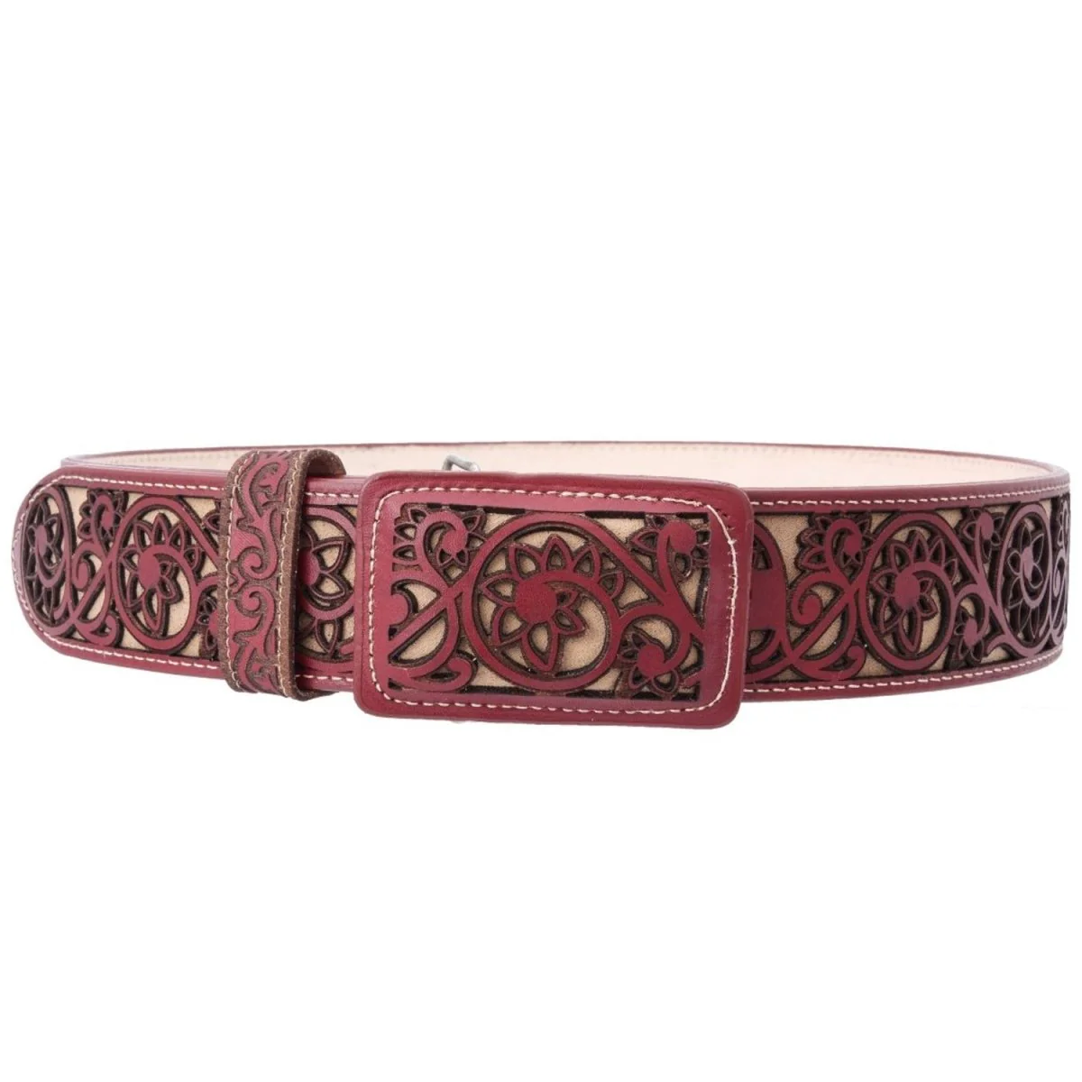 Cinto Vaquero de Cuero Original en Corte Laser Color Shedron con Flor WD-1521