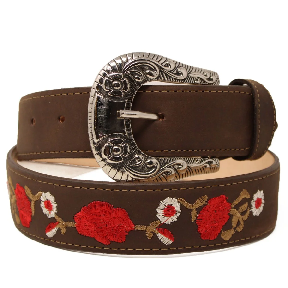 Cinto Vaquero para Mujer de Cuero Original Color Cafe con Flores Rojas WD-1594 - Imagen 2