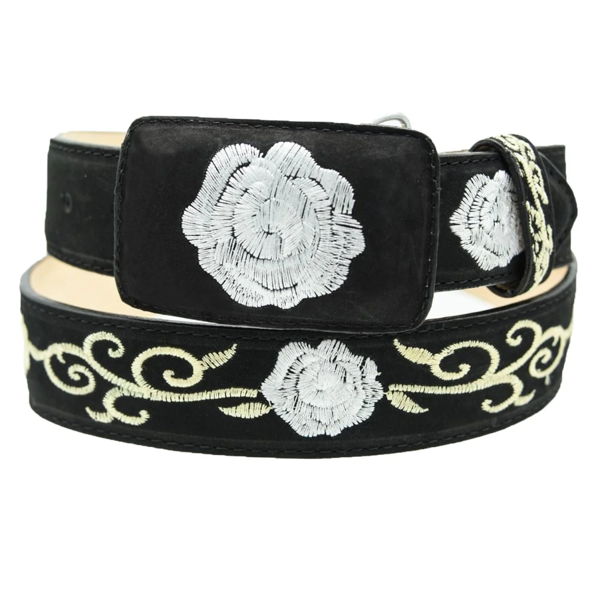 Cinto Vaquero para Mujer de Cuero Original Color Negro con Rosas Blancas WD-1591