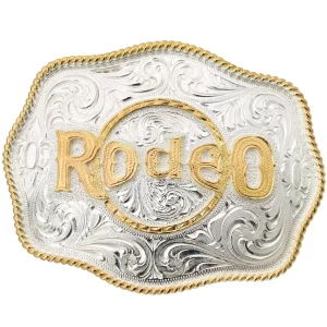 Hebilla Vaquera de Alpaca para Cinto con Leyenda de Rodeo en Oro WD-1302