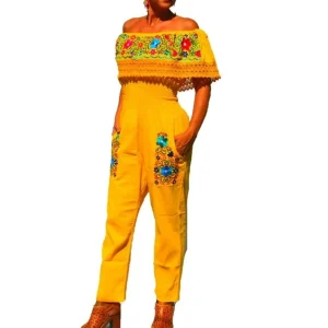 Jumper-Palazzo Artesanal Bordado Color Amarillo con Flores para Mujer IMP-79003