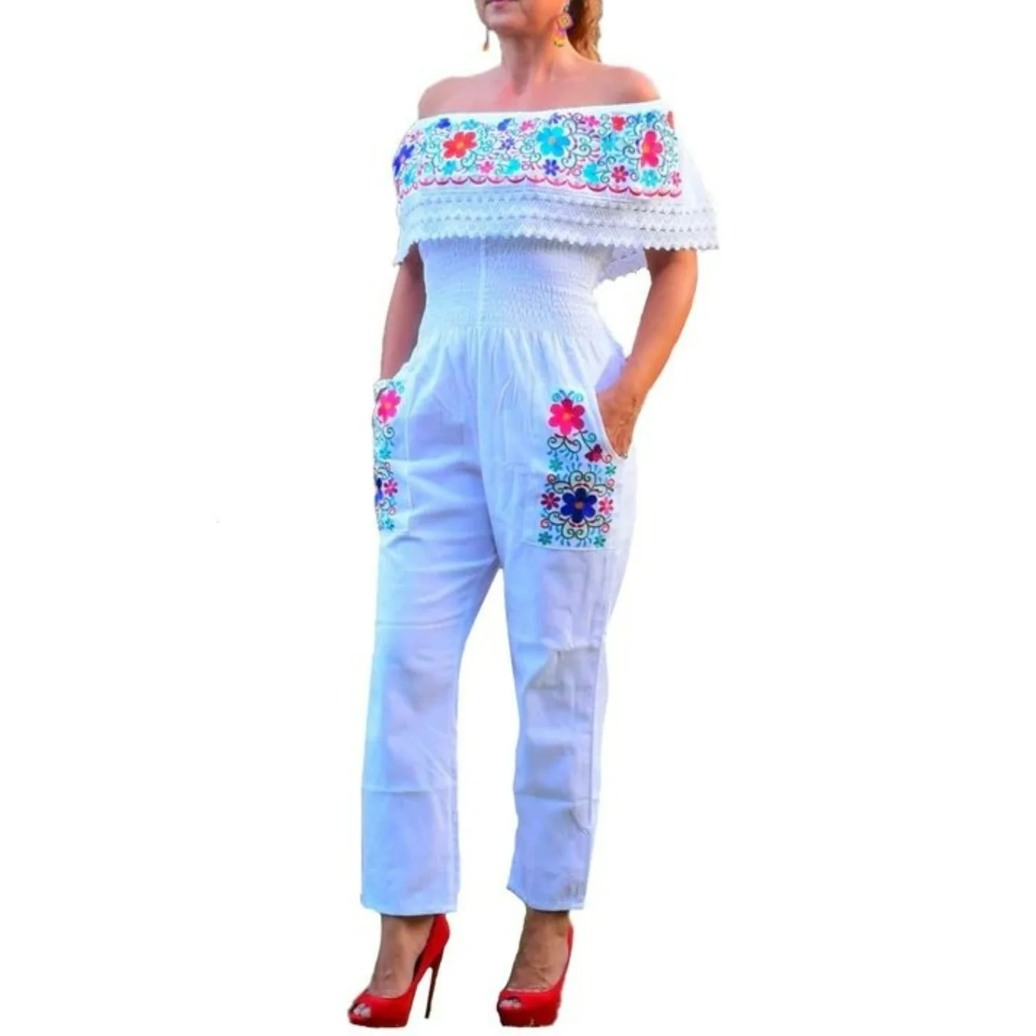 Jumper-Palazzo Artesanal Bordado Color Blanco con Flores para Mujer IMP-79005 - Imagen 2