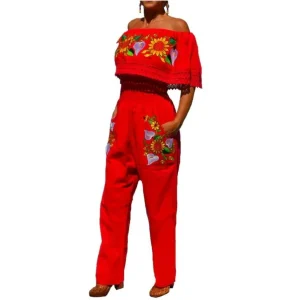 Jumper-Palazzo Artesanal Bordado Color Rojo con Girasoles para Mujer IMP-79002