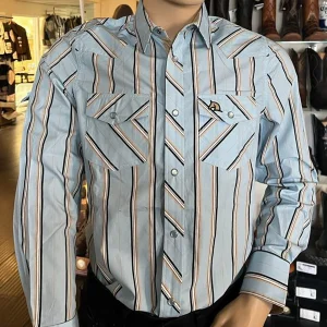 Men's White Diamonds Long Sleeve Baby Blue with Stripes Western Shirt