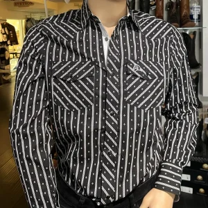 Men's White Diamonds Long Sleeve Black Stripes Western Shirt