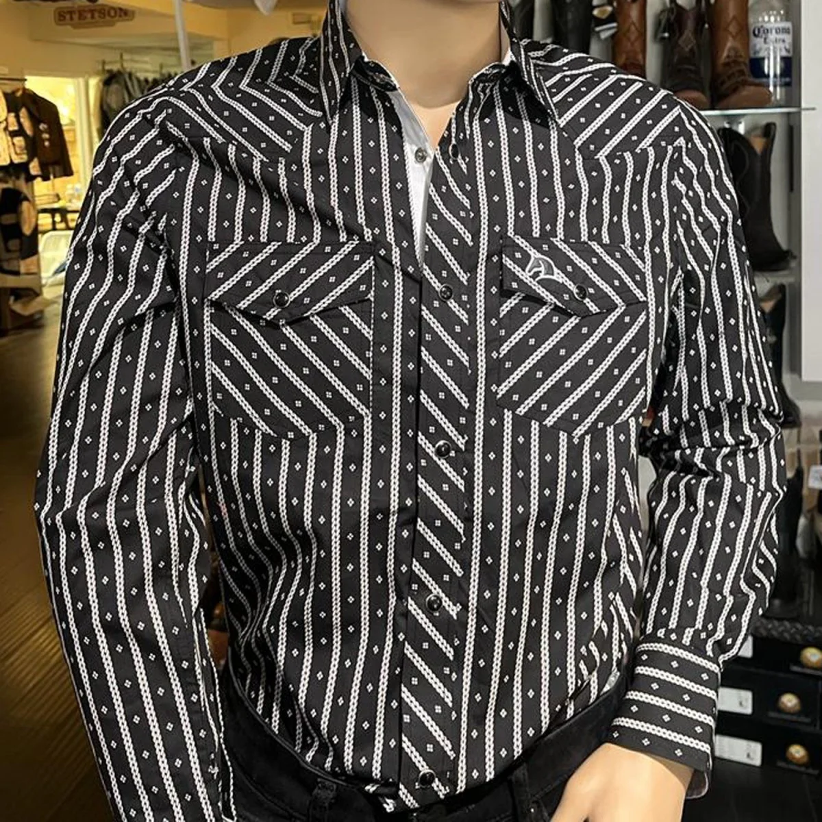 Men's White Diamonds Long Sleeve Black Stripes Western Shirt - Imagen 2