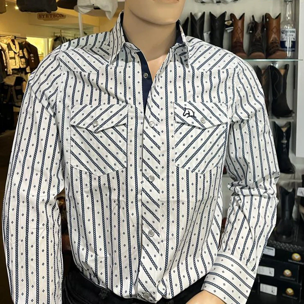 Men's White Diamonds Long Sleeve Black & White with Stripes Western Shirt - Imagen 2