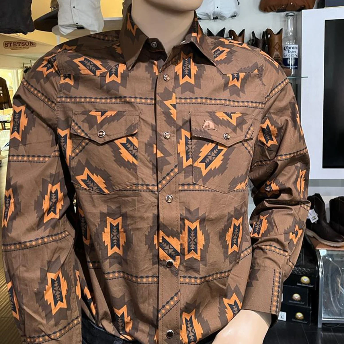Men's White Diamonds Long Sleeve Brown Western Shirt
