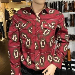 Men's White Diamonds Long Sleeve Burgundy Western Shirt