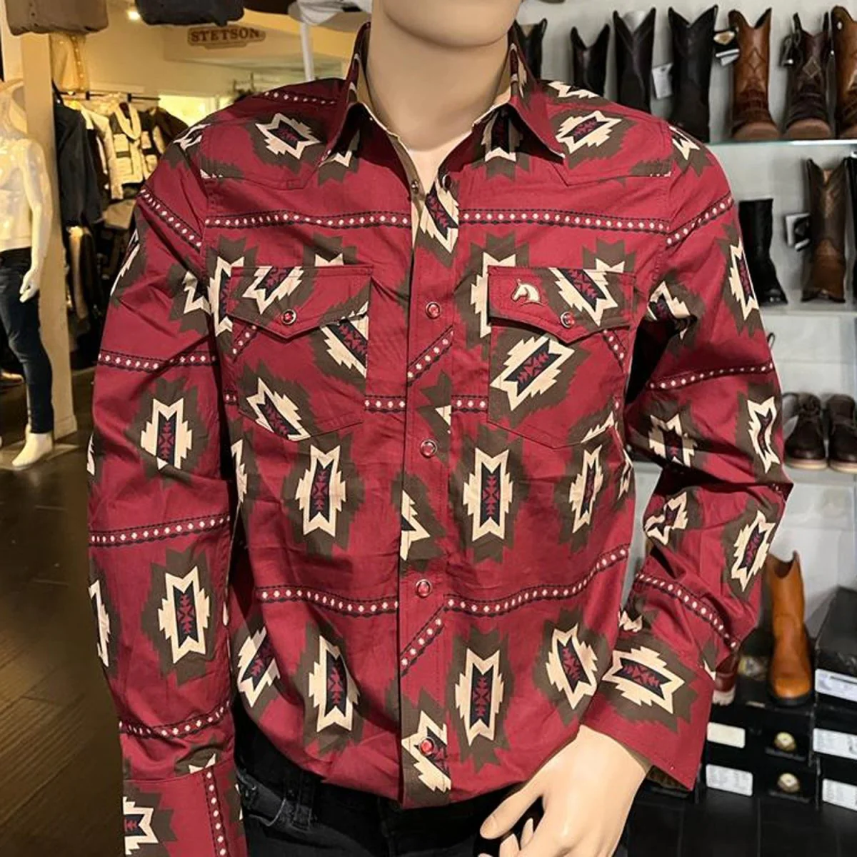Men's White Diamonds Long Sleeve Burgundy Western Shirt - Imagen 2