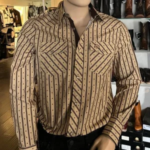 Men's White Diamonds Long Sleeve Camel Stripes Western Shirt