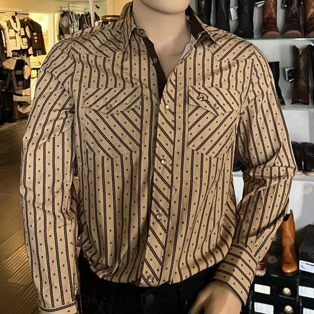 Men's White Diamonds Long Sleeve Camel Stripes Western Shirt - Imagen 2