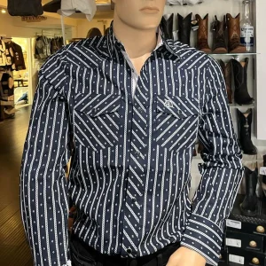 Men's White Diamonds Long Sleeve Dark Blue Stripes Western Shirt